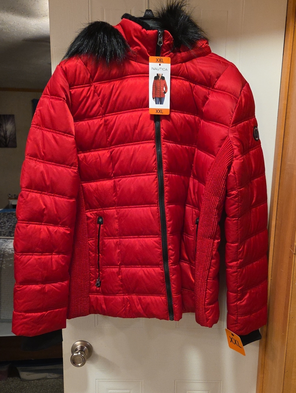 Nautica Red Quilted Puffer Jacket with Faux Fur Trim Hood